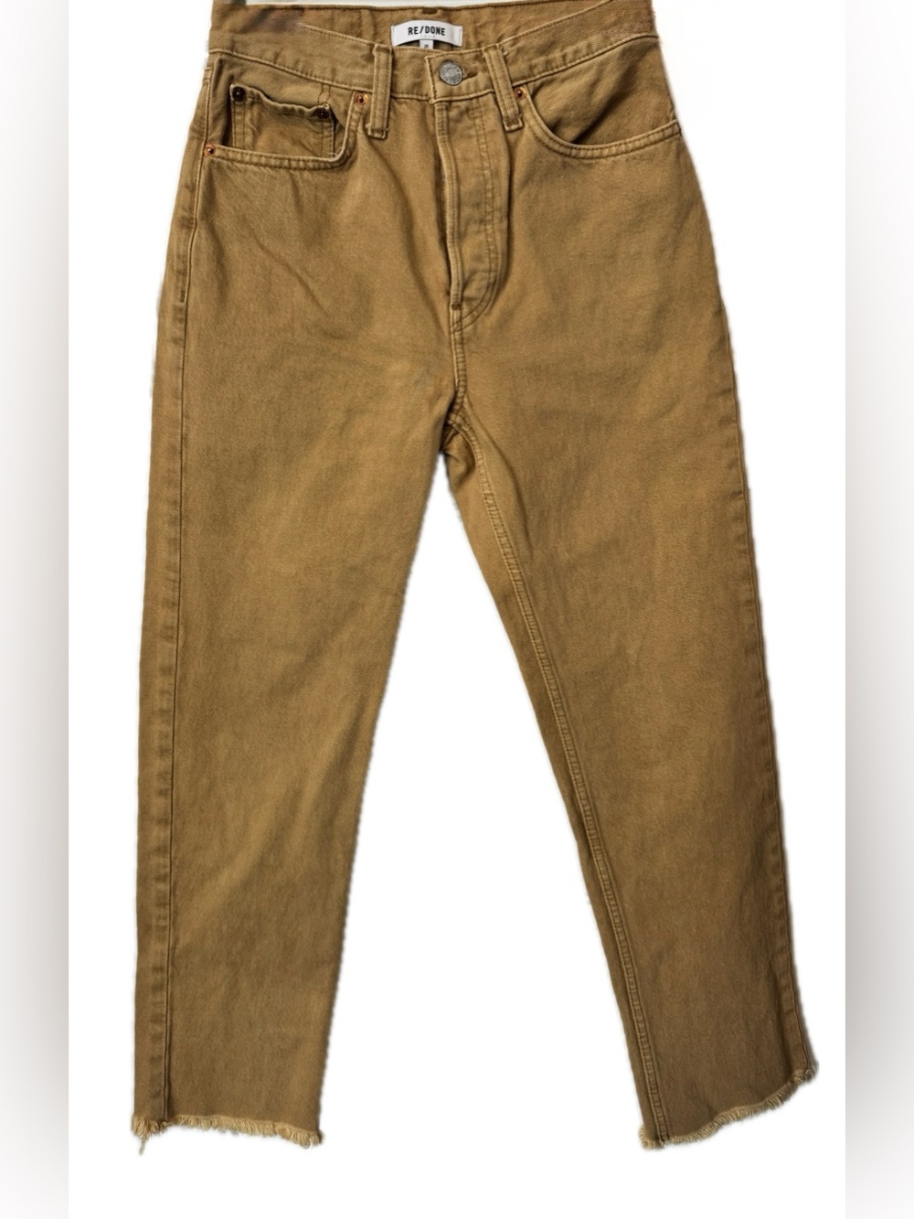 RE/DONE High Rise Cropped Straight Leg Jeans Mustard Brown Raw Hem Size 25